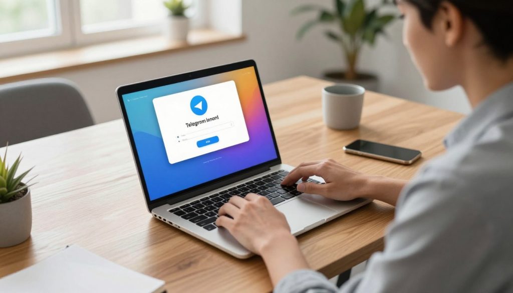 A modern office setting focused on a laptop showing the Telegram login interface, displaying vibrant colors and a user-friendly design. In the foreground, a business-professional individual, dressed in smart casual attire, interacts with the screen, looking focused and engaged. The middle ground features an elegant wooden desk with minimalistic décor, emphasizing a clean workspace. The background captures a well-lit room with soft natural light streaming through a large window, illuminating the scene and creating a warm, inviting atmosphere. The overall mood is productive and efficient, conveying the importance of setting up and optimizing Telegram after logging in. The angle is slightly elevated, providing a clear view of the laptop and the individual’s interaction with it.
