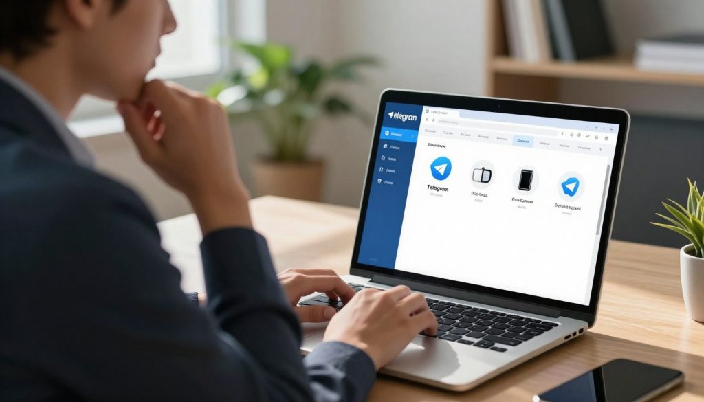 A modern, sleek office setting with a person focused on their laptop screen, displaying the Telegram app interface showcasing the device management feature. In the foreground, the individual, wearing smart business attire, appears contemplative as they examine device details. In the middle ground, the laptop screen is illuminated, highlighting the Telegram interface with icons representing connected devices. The background features soft-focus office elements like plants and bookshelves to create an inviting atmosphere. Soft, natural light filters through a nearby window, casting gentle shadows. The overall mood is one of problem-solving and clarity, emphasizing a professional yet approachable workspace. A modern, sleek office setting with a person focused on their laptop screen, displaying the Telegram app interface showcasing the device management feature. In the foreground, the individual, wearing smart business attire, appears contemplative as they examine device details. In the middle ground, the laptop screen is illuminated, highlighting the Telegram interface with icons representing connected devices. The background features soft-focus office elements like plants and bookshelves to create an inviting atmosphere. Soft, natural light filters through a nearby window, casting gentle shadows. The overall mood is one of problem-solving and clarity, emphasizing a professional yet approachable workspace.