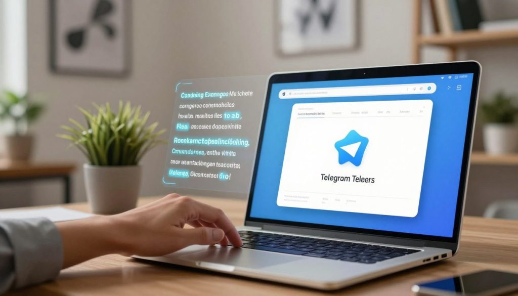 A modern, sleek workspace featuring a laptop displaying the Telegram app with a real-time translation interface. In the foreground, a hand is hovering over the laptop, signaling active engagement. The middle layer captures a digital overlay of translated text in various languages, glowing softly to emphasize functionality. The background includes a stylish, minimalistic office environment with potted plants and motivational artwork on the walls. Warm, inviting lighting creates a productive atmosphere, while a slightly blurred bookshelf hints at knowledge and learning. The overall mood is focused and innovative, reflecting advanced techniques for document processing and translation within Telegram, without any distractions or text overlays. A modern, sleek workspace featuring a laptop displaying the Telegram app with a real-time translation interface. In the foreground, a hand is hovering over the laptop, signaling active engagement. The middle layer captures a digital overlay of translated text in various languages, glowing softly to emphasize functionality. The background includes a stylish, minimalistic office environment with potted plants and motivational artwork on the walls. Warm, inviting lighting creates a productive atmosphere, while a slightly blurred bookshelf hints at knowledge and learning. The overall mood is focused and innovative, reflecting advanced techniques for document processing and translation within Telegram, without any distractions or text overlays.