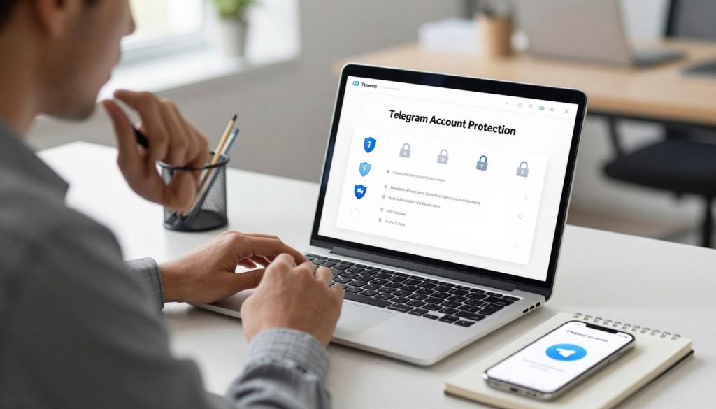 A professional and modern workspace featuring a sleek laptop displaying settings for "Telegram Account Protection" on the screen, surrounded by security-related icons such as shields and locks. In the foreground, a person in business attire is thoughtfully analyzing their device, ensuring their account is secure. The middle ground includes a desk with a notepad and a smartphone showing the Telegram app, emphasizing the core security features being discussed. In the background, a bright, contemporary office setting with soft, natural lighting creates an atmosphere of focus and vigilance. The overall mood is one of professionalism and tech-savvy awareness, highlighting the importance of account security in the digital age.