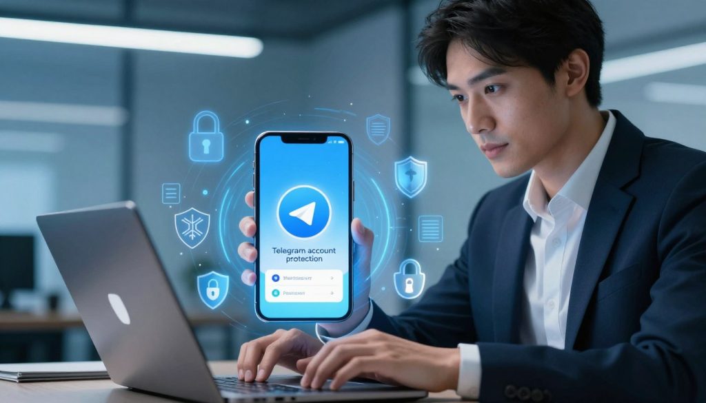 A secure digital environment showcasing the concept of "Telegram account protection". In the foreground, a person in smart business attire is focused intently on a laptop, surrounded by visible security elements such as padlocks and digital shield icons. Their expression denotes concentration and confidence. In the middle ground, a smartphone displays the Telegram logo with a vibrant, glowing aura illustrating safety features like two-factor authentication. The background features a sleek, modern office with soft blue lighting that creates a calm yet professional atmosphere, emphasizing security and efficiency. The angle captures both the person and the digital elements dynamically, conveying a sense of advanced technology and proactive protection strategies.