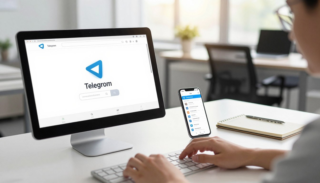 A sleek and modern digital workspace illustrating the process of accessing the Telegram official website from China. In the foreground, show a computer screen displaying the Telegram website with its logo prominently visible. Include a close-up of hands navigating a keyboard, symbolizing the action of searching online. In the middle ground, depict a well-organized desk with a smartphone showing the Telegram app, along with a notepad with step-by-step instructions. The background should feature a bright, open office environment with sunlight streaming in through large windows, creating an inviting and professional atmosphere. Use soft, natural lighting to enhance the clarity and warmth of the scene, capturing a sense of ease and accessibility.