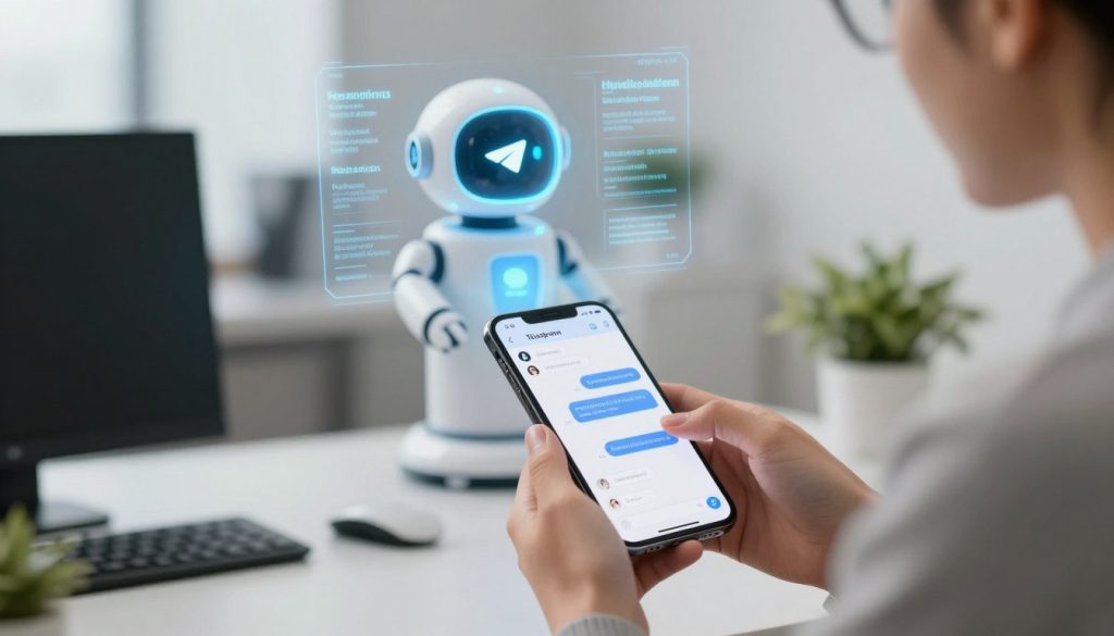A sleek, modern depiction of a Telegram translation bot in action. In the foreground, a user interacts with a smartphone displaying the Telegram app interface, showcasing a chat conversation being translated. The user, dressed in smart casual attire, appears focused and engaged. In the middle ground, a futuristic, digital representation of the bot is visualized as a glowing holographic entity, surrounded by flowing lines of text in various languages. The background features a soft, blurred office setting with subtle technology-themed decorations, creating a professional atmosphere. The lighting is bright and inviting, emphasizing the bot’s advanced capabilities and the seamless translation process. The overall mood is one of efficiency, innovation, and modern communication. A sleek, modern depiction of a Telegram translation bot in action. In the foreground, a user interacts with a smartphone displaying the Telegram app interface, showcasing a chat conversation being translated. The user, dressed in smart casual attire, appears focused and engaged. In the middle ground, a futuristic, digital representation of the bot is visualized as a glowing holographic entity, surrounded by flowing lines of text in various languages. The background features a soft, blurred office setting with subtle technology-themed decorations, creating a professional atmosphere. The lighting is bright and inviting, emphasizing the bot’s advanced capabilities and the seamless translation process. The overall mood is one of efficiency, innovation, and modern communication.