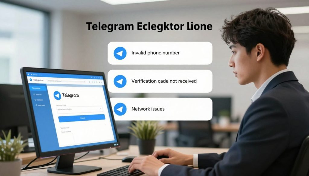 A visually engaging and informative illustration depicting the common reasons for Telegram registration failure along with their solutions. In the foreground, feature a professional individual in business attire, focused on a computer screen displaying a Telegram registration interface. In the middle ground, show a list of common issues, such as "Invalid phone number," "Verification code not received," and "Network issues," with corresponding icons symbolizing each problem. In the background, create a soft, blurred office environment with soft lighting to evoke a calm, problem-solving atmosphere. Use a wide-angle lens effect to enhance depth, ensuring the image feels immersive and detailed. The mood should be constructive and solution-oriented, aimed at helping users troubleshoot their registration challenges effectively.