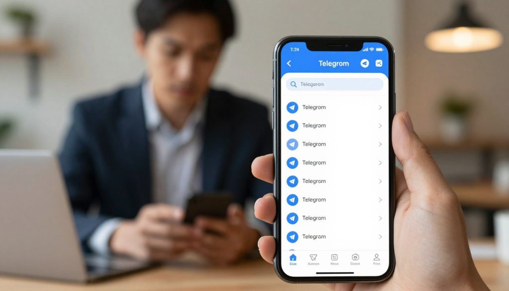 A visually informative scene illustrating the concept of managing and reviewing active Telegram sessions. In the foreground, a modern digital device such as a smartphone or laptop displays the Telegram interface, showing a list of active chats with highlighted options for management. The middle ground features a professional individual, dressed in business attire, engaged in reviewing these sessions, with a focused expression. The background is softly blurred, hinting at a cozy office environment with warm lighting, creating a sense of productivity and security. The atmosphere is serious yet organized, emphasizing the importance of account safety. The composition should convey clarity and focus, with a gentle depth of field effect to enhance the details on the device’s screen.