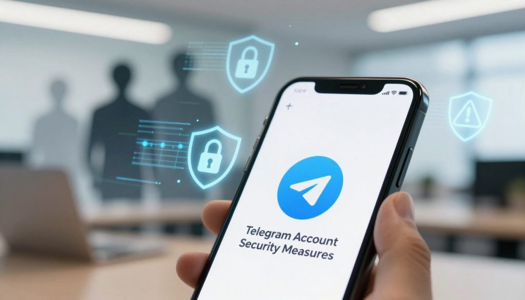 A visually striking and informative image depicting the concept of "Telegram Account Security Measures". In the foreground, a close-up of a smartphone displaying the Telegram logo, surrounded by digital security icons like locks, shields, and warning signs, clearly illustrating the theme of protection. The middle ground features an abstract representation of online scams and threats, such as shadowy figures or digital glitches, symbolizing the dangers users face. The background features a serene office environment with soft lighting to evoke a sense of security and professionalism. The lens angle captures the smartphone at eye level, creating an engaging perspective. The overall mood is one of vigilance and empowerment, encouraging users to be proactive about their Telegram security.