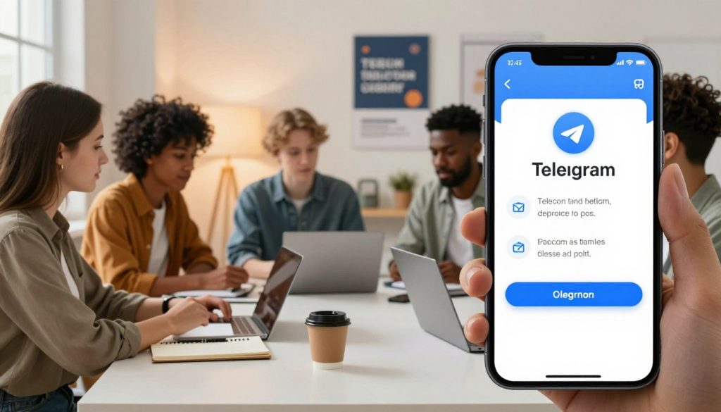 An informative and visually engaging depiction of a step-by-step guide to registering a Telegram account, designed for a Chinese audience. The foreground features a modern smartphone displaying the Telegram app interface, with highlighted prompts and buttons to emphasize the registration steps. In the middle ground, a diverse group of users, dressed in smart casual attire, sits around a table with laptops and notepads, discussing the registration process. The background includes a cozy workspace with soft, warm lighting and motivational posters related to technology and connectivity. The overall atmosphere is friendly and educational, inviting viewers to learn and explore the world of Telegram.