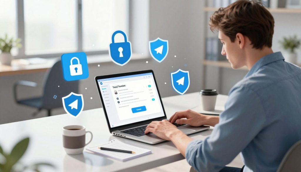 A digital illustration depicting a person sitting at a modern desk, reviewing a laptop screen showing a Telegram interface, with visual elements representing group transfer. The foreground features the individual, dressed in business casual attire, attentively focused on the screen, with notes and a cup of coffee nearby. In the middle ground, icons of security, like a padlock and shield, surround the laptop, symbolizing safety risks. The background shows a softly lit contemporary office with a large window, casting natural light and shadows, adding to a serious yet engaging atmosphere. The color palette is professional, with blues and greys dominating, conveying a sense of trust and caution. A digital illustration depicting a person sitting at a modern desk, reviewing a laptop screen showing a Telegram interface, with visual elements representing group transfer. The foreground features the individual, dressed in business casual attire, attentively focused on the screen, with notes and a cup of coffee nearby. In the middle ground, icons of security, like a padlock and shield, surround the laptop, symbolizing safety risks. The background shows a softly lit contemporary office with a large window, casting natural light and shadows, adding to a serious yet engaging atmosphere. The color palette is professional, with blues and greys dominating, conveying a sense of trust and caution.