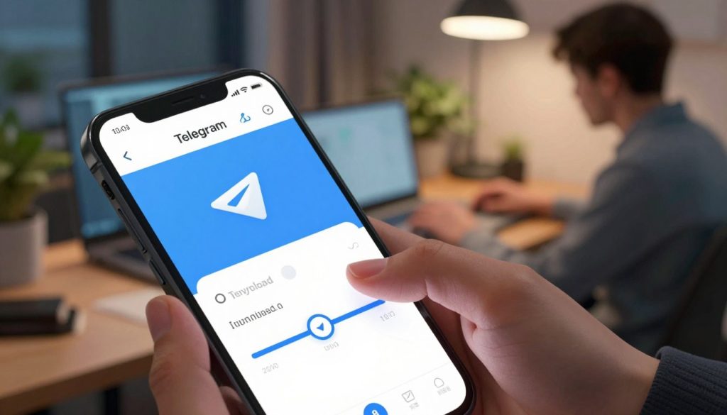 A digital illustration depicting the concept of adjusting download speeds in the Telegram app. In the foreground, a close-up of a smartphone screen showing the Telegram interface with a focus on a download speed adjustment slider. The middle ground features a person sitting at a desk, attentively fiddling with the phone, dressed in smart casual clothing. The background includes a cozy, tech-oriented workspace filled with a laptop, plants, and soft, ambient lighting. The scene conveys a sense of concentration and problem-solving. The angle is slightly tilted to emphasize the action of adjusting settings, while the lighting highlights the phone's screen, making it the focal point of the image.