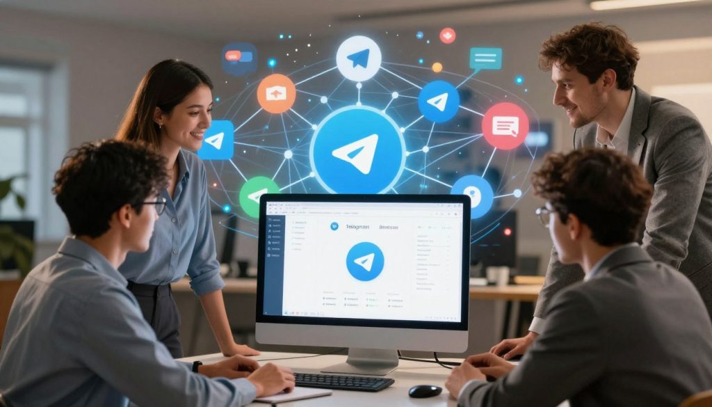A dynamic and engaging digital scene illustrating the effective management of a large-scale Telegram community. In the foreground, show a diverse group of three professional individuals, dressed in business attire, collaborating around a computer screen displaying Telegram's interface. In the middle ground, depict a vibrant digital landscape filled with interconnected nodes, symbolizing a thriving online community. The background features abstract representations of communication, like messages and icons, flowing through a network of lines. Use warm, inviting lighting to enhance a positive and focused atmosphere. Capture the scene from a slightly elevated angle to provide a comprehensive view of collaboration and engagement, showcasing the potential of managing a large Telegram group effectively.