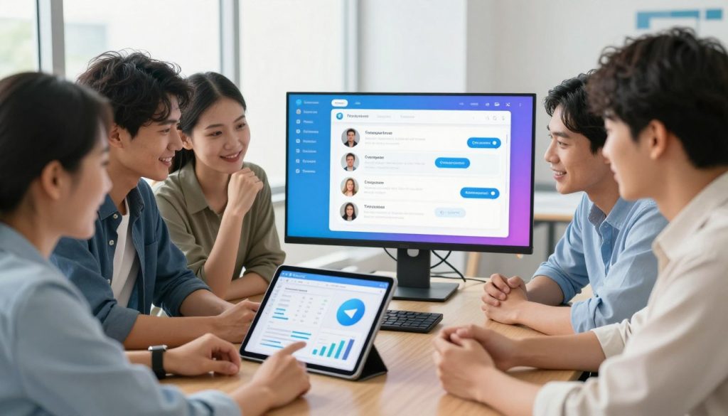 A dynamic scene depicting a vibrant online community, highlighting the concept of increasing engagement and retention in a Telegram group. In the foreground, a diverse group of five professional individuals, dressed in smart casual attire, animatedly discussing ideas around a digital tablet showcasing charts and statistics related to group activity. In the middle ground, a large monitor displays a colorful interface of the Telegram app with users connecting and sharing messages. The background features a modern office setting with bright, natural lighting coming through large windows, creating an inviting and energetic atmosphere. The overall mood is collaborative and optimistic, capturing the essence of a thriving digital community.
