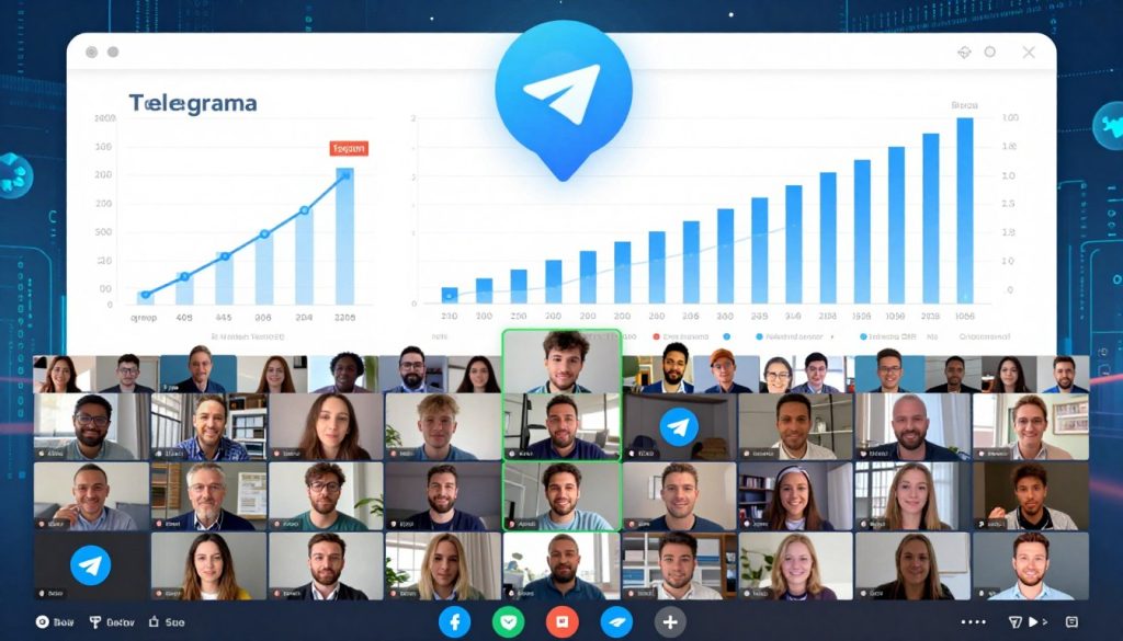 A dynamic visual representation of the evolution of Telegram group sizes, showcasing a diverse range of people actively engaging in online discussions within a virtual space. In the foreground, a vibrant and lively digital interface displays user avatars and icons representing various group sizes, from small, intimate circles to large, bustling communities. The middle ground features charts and graphics illustrating growth trends and milestones in Telegram group capacity, with an emphasis on the transition from small groups to massive gatherings. In the background, a subtle digital landscape hints at the online world, with elements like binary code and abstract shapes to enhance the technological atmosphere. Use bright colors with soft lighting to create an inviting and modern feel. The overall mood should evoke a sense of community and connectivity.