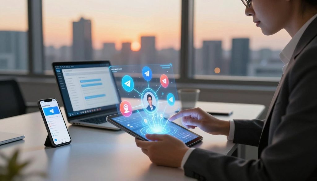 A futuristic digital workspace scene depicting a professional individual, dressed in smart business attire, engaging with a holographic interface showcasing the features of a Telegram group member search tool. In the foreground, the person is using a high-tech tablet that projects vibrant holograms of interconnected Telegram group icons and user profiles. The middle ground features a sleek, modern desk with various digital devices, including a laptop and smartphone displaying Telegram's interface. In the background, a city skyline is visible through a large window, illuminated by the warm glow of sunset. The mood is focused and innovative, with soft, warm lighting highlighting the individual’s concentration and the state-of-the-art technology around them. A futuristic digital workspace scene depicting a professional individual, dressed in smart business attire, engaging with a holographic interface showcasing the features of a Telegram group member search tool. In the foreground, the person is using a high-tech tablet that projects vibrant holograms of interconnected Telegram group icons and user profiles. The middle ground features a sleek, modern desk with various digital devices, including a laptop and smartphone displaying Telegram's interface. In the background, a city skyline is visible through a large window, illuminated by the warm glow of sunset. The mood is focused and innovative, with soft, warm lighting highlighting the individual’s concentration and the state-of-the-art technology around them.