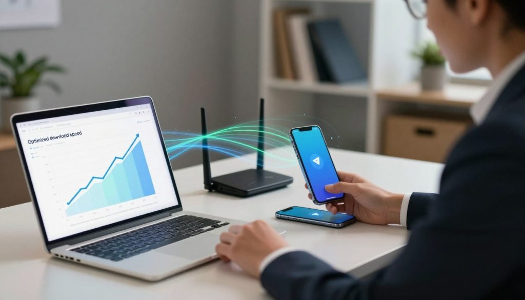 A high-tech digital workspace scene showcasing a professional in business attire, sitting at a sleek desk illuminated by soft, modern lighting. The foreground features a laptop screen displaying a visual graph of optimized download speeds with arrows indicating improvement. In the middle, there are high-quality tech gadgets like a router and a smartphone, with faint blue and green data streams flowing around them, symbolizing enhanced network connection. The background hints at a cozy office environment with blurred elements of bookshelves and plants, creating an atmosphere of productivity and focus. The overall mood is upbeat and solution-oriented, emphasizing the theme of technological advancement and improved connectivity for seamless Telegram downloads.