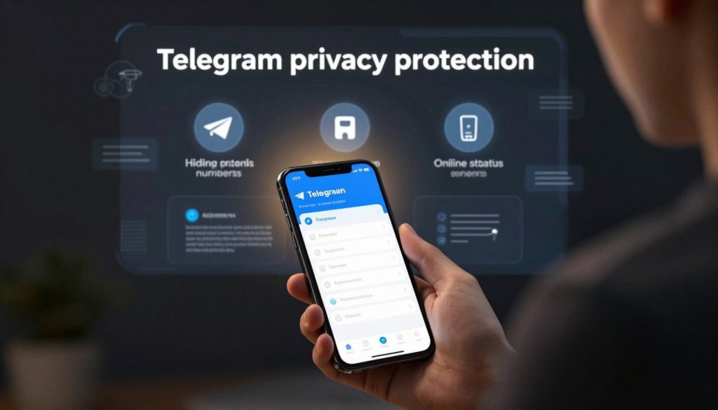 A modern digital illustration depicting the concept of "Telegram privacy protection." In the foreground, a smartphone is held by a user in professional attire, showcasing the Telegram app with a focus on privacy settings. The middle layer features a visually engaging digital interface with icons for hiding phone numbers and online status, surrounded by a soft glow to emphasize security. The background consists of blurred outlines of virtual communication symbols, reinforcing the idea of digital interaction. The lighting is warm and inviting, casting a subtle glow around the smartphone, set against a dark, tech-themed environment. The mood is secure and empowering, illustrating the importance of privacy in online communication. A modern digital illustration depicting the concept of "Telegram privacy protection." In the foreground, a smartphone is held by a user in professional attire, showcasing the Telegram app with a focus on privacy settings. The middle layer features a visually engaging digital interface with icons for hiding phone numbers and online status, surrounded by a soft glow to emphasize security. The background consists of blurred outlines of virtual communication symbols, reinforcing the idea of digital interaction. The lighting is warm and inviting, casting a subtle glow around the smartphone, set against a dark, tech-themed environment. The mood is secure and empowering, illustrating the importance of privacy in online communication.