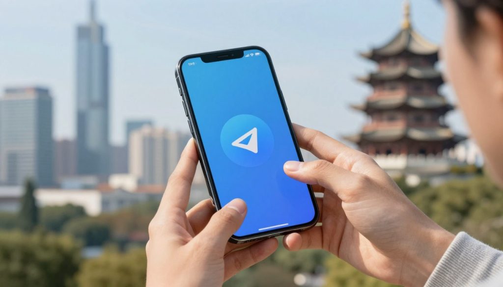 A modern, sleek smartphone displaying the Telegram logo prominently on its screen, set against a scenic urban background that suggests China, with recognizable features like skyscrapers or cultural landmarks. In the foreground, a pair of hands in smart casual attire are reaching towards the phone, symbolizing the act of downloading the app. The lighting is bright and inviting, suggesting a hopeful and positive experience, with a slight focus blur on the background to emphasize the foreground elements. The overall mood is vibrant and tech-savvy, reflecting a sense of accessibility and ease for Apple users in China seeking to download Telegram.