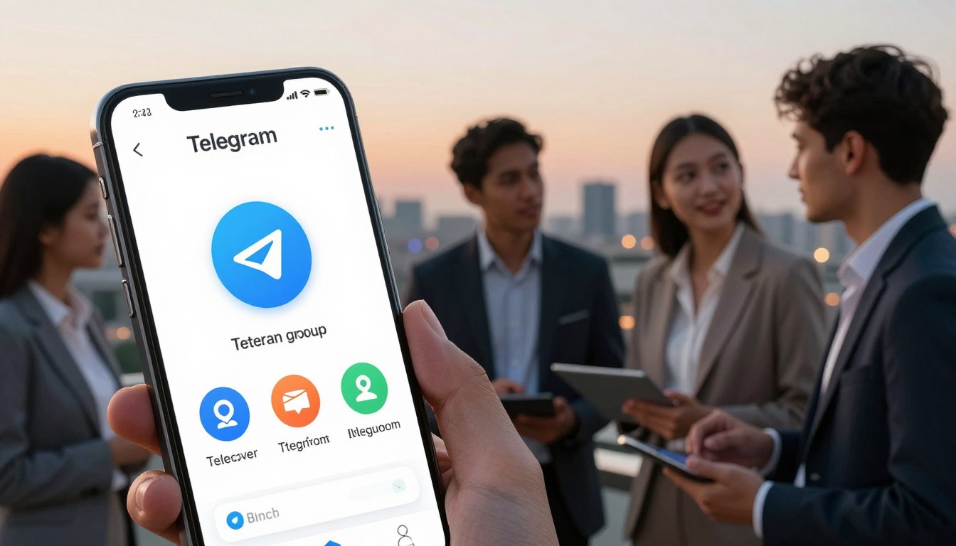 A modern, sleek smartphone showcasing the Telegram app interface prominently in the foreground. On the screen, highlight a visual representation of a user navigating to discover mutual groups with friends, with sleek icons and a vibrant color scheme typical of Telegram. In the middle ground, depict a diverse group of young adults in professional business attire, engaged in a discussion about their mutual connections and group memberships, conveying a sense of collaboration and community. In the background, a soft-focus cityscape at dusk, with warm lighting that creates a welcoming atmosphere, blending technology and urban life harmoniously. The scene should evoke a sense of inquiry and engagement, suggesting a modern approach to group communication.