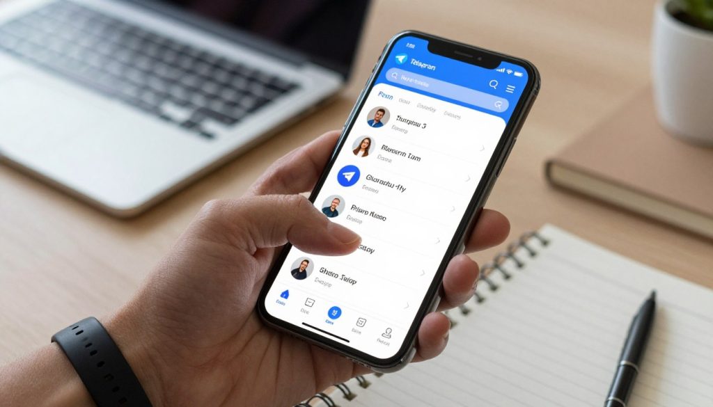 A modern smartphone displaying the Telegram app interface, focused on a friend's profile page showing a list of shared groups. In the foreground, the phone is held by a hand wearing a sleek, professional watch. The middle section features a well-designed user interface with vibrant colors and clear icons, emphasizing the group list. The background showcases a stylish workspace with subtle details like a laptop and a notepad, providing context. Soft natural lighting illuminates the scene, creating a professional yet inviting atmosphere. The angle is slightly tilted to create depth, drawing the viewer's attention to the smartphone display, encouraging an engaging exploration of the subject. A modern smartphone displaying the Telegram app interface, focused on a friend's profile page showing a list of shared groups. In the foreground, the phone is held by a hand wearing a sleek, professional watch. The middle section features a well-designed user interface with vibrant colors and clear icons, emphasizing the group list. The background showcases a stylish workspace with subtle details like a laptop and a notepad, providing context. Soft natural lighting illuminates the scene, creating a professional yet inviting atmosphere. The angle is slightly tilted to create depth, drawing the viewer's attention to the smartphone display, encouraging an engaging exploration of the subject.
