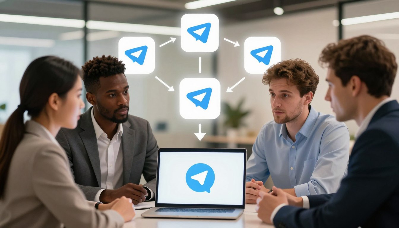A professional and insightful illustration capturing the essence of transferring ownership in a Telegram group. In the foreground, depict a diverse group of three professionals—one Asian woman, one Black man, and one Caucasian man—discussing while facing a laptop screen displaying the Telegram logo. They are dressed in smart business attire, exuding collaboration and focus. The middle ground should feature icons symbolizing group chats and connections, subtly integrated with visual elements suggesting digital transfers—like arrows or links—flowing from one group icon to another. The background should be a softly lit modern office space, conveying a productive and innovative atmosphere. Use warm lighting to create an inviting mood and a slight depth of field to emphasize the professionals while slightly blurring the background.