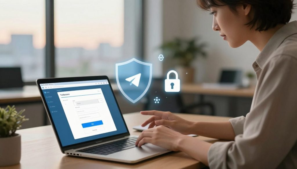 A professional and secure file transfer scene highlighting safety and privacy during the process. In the foreground, a person wearing smart casual attire is sitting at a desk with a laptop open, displaying the Telegram interface. Focus on the individual’s concentrated expression as they navigate the file transfer, emphasizing security and trust. The middle ground includes visual elements like a shield symbol and digital lock icons subtly integrated into the workspace, representing data encryption and privacy protocols. The background features a softly lit office environment, with a window showcasing a serene cityscape, suggesting professionalism and a calm atmosphere. Use warm lighting to convey a sense of security, with a shallow depth of field to keep the focus on the subject and the digital elements surrounding them. A professional and secure file transfer scene highlighting safety and privacy during the process. In the foreground, a person wearing smart casual attire is sitting at a desk with a laptop open, displaying the Telegram interface. Focus on the individual’s concentrated expression as they navigate the file transfer, emphasizing security and trust. The middle ground includes visual elements like a shield symbol and digital lock icons subtly integrated into the workspace, representing data encryption and privacy protocols. The background features a softly lit office environment, with a window showcasing a serene cityscape, suggesting professionalism and a calm atmosphere. Use warm lighting to convey a sense of security, with a shallow depth of field to keep the focus on the subject and the digital elements surrounding them.