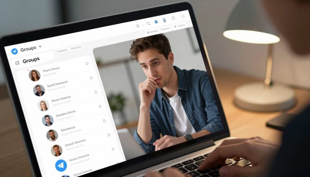 A professional digital workspace depicting a user interface of the Telegram app on a modern laptop screen. In the foreground, a close-up of the screen showcases the "Groups" section, highlighting a list of shared groups with friends, illustrated with their profile pictures. In the middle ground, a person in business casual attire, focused on the screen, exemplifies a mix of curiosity and concentration. The background contains a blurred office environment with soft ambient lighting from a desk lamp, creating a warm and inviting atmosphere. The angle is slightly tilted to emphasize the user’s engagement with the app interface, capturing a moment of discovery and connection among friends on Telegram. A professional digital workspace depicting a user interface of the Telegram app on a modern laptop screen. In the foreground, a close-up of the screen showcases the "Groups" section, highlighting a list of shared groups with friends, illustrated with their profile pictures. In the middle ground, a person in business casual attire, focused on the screen, exemplifies a mix of curiosity and concentration. The background contains a blurred office environment with soft ambient lighting from a desk lamp, creating a warm and inviting atmosphere. The angle is slightly tilted to emphasize the user’s engagement with the app interface, capturing a moment of discovery and connection among friends on Telegram.