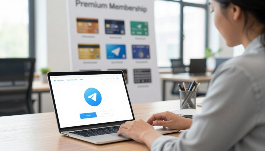 A professional office setting featuring a bright, modern workspace. In the foreground, a businessperson in smart casual attire is examining a sleek laptop, which displays the Telegram logo prominently on the screen, symbolizing premium membership options. The middle ground features a large, tastefully designed poster showcasing various payment methods like credit cards and digital wallets, arranged in a visually appealing manner. The background features large windows with natural light streaming in, creating a warm atmosphere. The overall mood is focused and productive, illustrating the process of selecting the right gifting channel and payment method for Telegram's premium membership, with a clean and organized aesthetic, shot from a slightly elevated angle for depth. A professional office setting featuring a bright, modern workspace. In the foreground, a businessperson in smart casual attire is examining a sleek laptop, which displays the Telegram logo prominently on the screen, symbolizing premium membership options. The middle ground features a large, tastefully designed poster showcasing various payment methods like credit cards and digital wallets, arranged in a visually appealing manner. The background features large windows with natural light streaming in, creating a warm atmosphere. The overall mood is focused and productive, illustrating the process of selecting the right gifting channel and payment method for Telegram's premium membership, with a clean and organized aesthetic, shot from a slightly elevated angle for depth.