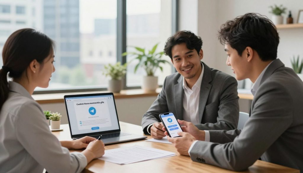 A professional office setting with a warm and inviting atmosphere. In the foreground, a diverse group of three business professionals, one woman and two men, are engaged in a discussion around a sleek wooden table, one showing a smartphone with the Telegram app open, illustrating the process of confirming a membership gift. In the middle, a large window reveals an urban cityscape, casting natural light into the room, enhancing the collaborative mood. On the desk, there are papers and a laptop displaying a summary of the steps to ensure successful gifting and confirmation. The background features soft-focus elements like plants and decorative items that evoke a sense of innovation and professionalism. The lighting is bright and encouraging, reflecting a positive, productive atmosphere. A professional office setting with a warm and inviting atmosphere. In the foreground, a diverse group of three business professionals, one woman and two men, are engaged in a discussion around a sleek wooden table, one showing a smartphone with the Telegram app open, illustrating the process of confirming a membership gift. In the middle, a large window reveals an urban cityscape, casting natural light into the room, enhancing the collaborative mood. On the desk, there are papers and a laptop displaying a summary of the steps to ensure successful gifting and confirmation. The background features soft-focus elements like plants and decorative items that evoke a sense of innovation and professionalism. The lighting is bright and encouraging, reflecting a positive, productive atmosphere.