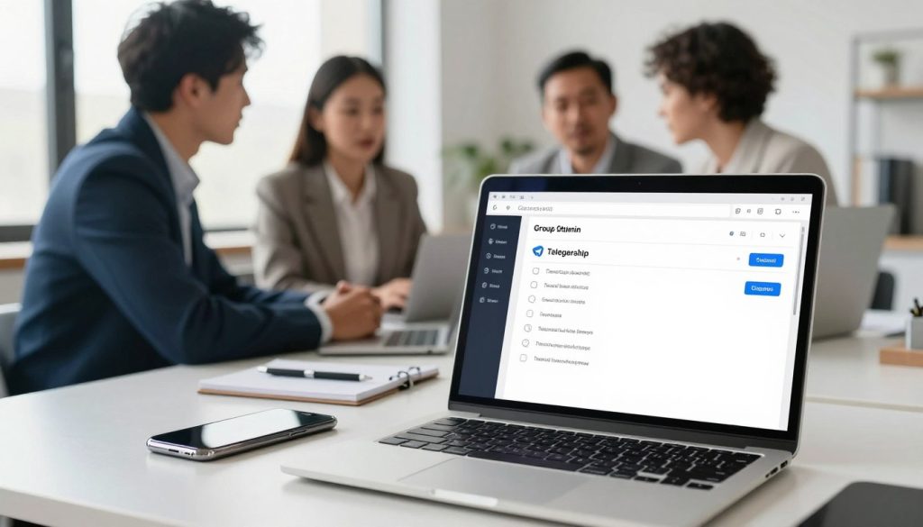 A professional setting showcasing a digital interface of a Telegram group chat. In the foreground, there's a laptop with a close-up view of a screen displaying a group admin settings page, highlighting the option to transfer group ownership. The laptop is surrounded by a clean desk setup, featuring a modern smartphone and a notepad with a pen. In the middle ground, a diverse group of three individuals—two men and one woman—are engaged in a discussion, dressed in smart business attire. The background features a bright, minimalistic office environment with large windows allowing natural light to pour in, creating a warm and inviting atmosphere. The overall mood is focused and informative, emphasizing teamwork and efficient communication. A professional setting showcasing a digital interface of a Telegram group chat. In the foreground, there's a laptop with a close-up view of a screen displaying a group admin settings page, highlighting the option to transfer group ownership. The laptop is surrounded by a clean desk setup, featuring a modern smartphone and a notepad with a pen. In the middle ground, a diverse group of three individuals—two men and one woman—are engaged in a discussion, dressed in smart business attire. The background features a bright, minimalistic office environment with large windows allowing natural light to pour in, creating a warm and inviting atmosphere. The overall mood is focused and informative, emphasizing teamwork and efficient communication.