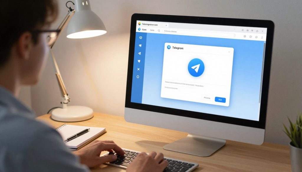 A sleek and modern desktop setup showcasing Telegram on a computer screen. In the foreground, a user dressed in professional business attire is engaging with the software, highlighting file transfer features. The screen displays an active chat window with a clear view of a file being sent and received, illustrated by an animated file download icon. In the middle ground, a well-organized workspace, including a notepad and pen, adds context to the task of managing files efficiently. The background features soft, warm lighting emanating from a stylish desk lamp, creating a welcoming and productive atmosphere. The overall mood conveys professionalism and efficiency, perfect for emphasizing effective file management in a digital workspace. A sleek and modern desktop setup showcasing Telegram on a computer screen. In the foreground, a user dressed in professional business attire is engaging with the software, highlighting file transfer features. The screen displays an active chat window with a clear view of a file being sent and received, illustrated by an animated file download icon. In the middle ground, a well-organized workspace, including a notepad and pen, adds context to the task of managing files efficiently. The background features soft, warm lighting emanating from a stylish desk lamp, creating a welcoming and productive atmosphere. The overall mood conveys professionalism and efficiency, perfect for emphasizing effective file management in a digital workspace.