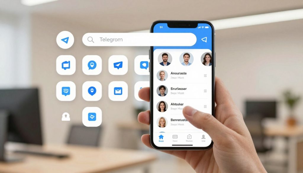 A sleek and modern digital interface showcasing a Telegram app screen. In the foreground, a hand is gently hovering over a phone displaying a bright and user-friendly graphical interface. The screen exhibits a feature prominently displaying user profiles with mutual group memberships highlighted. In the middle ground, various icons representing group chats are arranged neatly, with a search bar above to signify the search functionality. The background features a soft-focus, minimalist office setting with warm lighting, evoking a professional atmosphere. The overall mood is engaging and informative, with a focus on technology and connectivity. The image should avoid any text or overlays, presenting a clear visual representation of the concept. A sleek and modern digital interface showcasing a Telegram app screen. In the foreground, a hand is gently hovering over a phone displaying a bright and user-friendly graphical interface. The screen exhibits a feature prominently displaying user profiles with mutual group memberships highlighted. In the middle ground, various icons representing group chats are arranged neatly, with a search bar above to signify the search functionality. The background features a soft-focus, minimalist office setting with warm lighting, evoking a professional atmosphere. The overall mood is engaging and informative, with a focus on technology and connectivity. The image should avoid any text or overlays, presenting a clear visual representation of the concept.