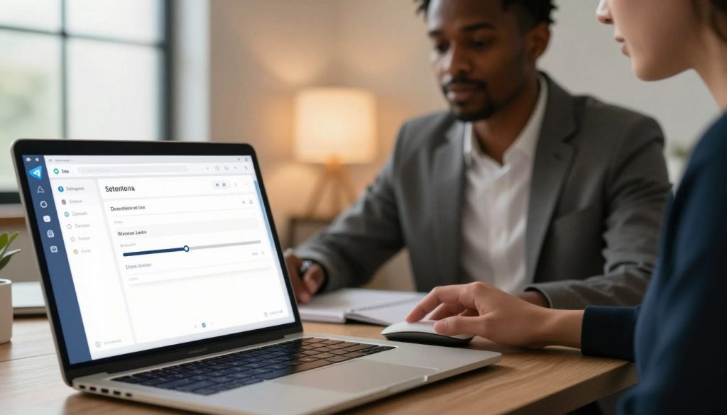 A sleek, modern digital workspace illustrating a user adjusting the download speed settings of the Telegram application on a laptop. In the foreground, focus on the laptop screen displaying the Telegram app interface, highlighting the settings menu with a prominent download speed slider. The middle layer features a diverse professional person, dressed in smart casual attire, intently focused on the screen, with one hand poised over the mouse. The background portrays a contemporary home office with a soft ambient light coming from a window, creating a warm and inviting atmosphere. The scene conveys a sense of urgency and determination, aiming to illustrate the process of enhancing productivity through efficient technology usage.