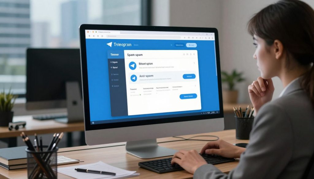 A sleek, modern workspace featuring a computer screen displaying the Telegram app interface, highlighting a configuration setting for spam filtering. In the foreground, a focused woman in professional business attire thoughtfully examines her device, showcasing the importance of digital security. The middle ground presents a cozy desk with tech gadgets and notes related to anti-spam techniques. Soft, ambient lighting creates a calm atmosphere, reflecting a sense of productivity and tech-savviness. In the background, a blurred view of a city skyline through a window suggests a contemporary environment, emphasizing connectivity and the digital world. The overall mood should convey empowerment and effective communication in battling online harassment. A sleek, modern workspace featuring a computer screen displaying the Telegram app interface, highlighting a configuration setting for spam filtering. In the foreground, a focused woman in professional business attire thoughtfully examines her device, showcasing the importance of digital security. The middle ground presents a cozy desk with tech gadgets and notes related to anti-spam techniques. Soft, ambient lighting creates a calm atmosphere, reflecting a sense of productivity and tech-savviness. In the background, a blurred view of a city skyline through a window suggests a contemporary environment, emphasizing connectivity and the digital world. The overall mood should convey empowerment and effective communication in battling online harassment.