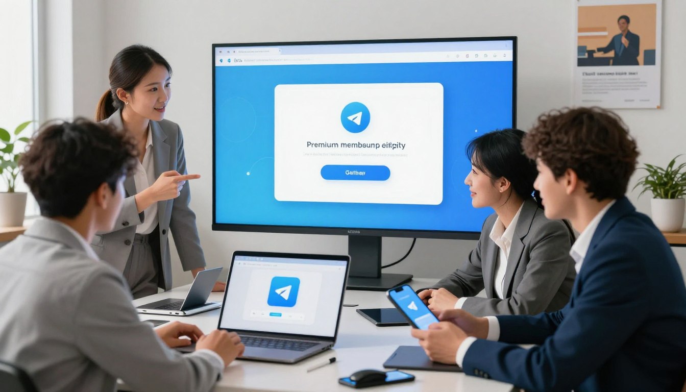 A visually engaging digital illustration depicting the process of gifting a Telegram premium membership. In the foreground, a diverse group of individuals, dressed in professional business attire, are gathered around a sleek modern workspace, intently discussing and demonstrating the steps on a laptop and mobile devices. In the middle ground, a large screen displays an intuitive interface of the Telegram app, focusing on the premium membership gifting feature, illuminated with a soft blue light. The background features a comfortable office setting, with motivational posters and plants creating a productive atmosphere. Use bright, natural lighting to evoke a sense of clarity and excitement, and frame the image with a slight angle that emphasizes teamwork and collaboration.