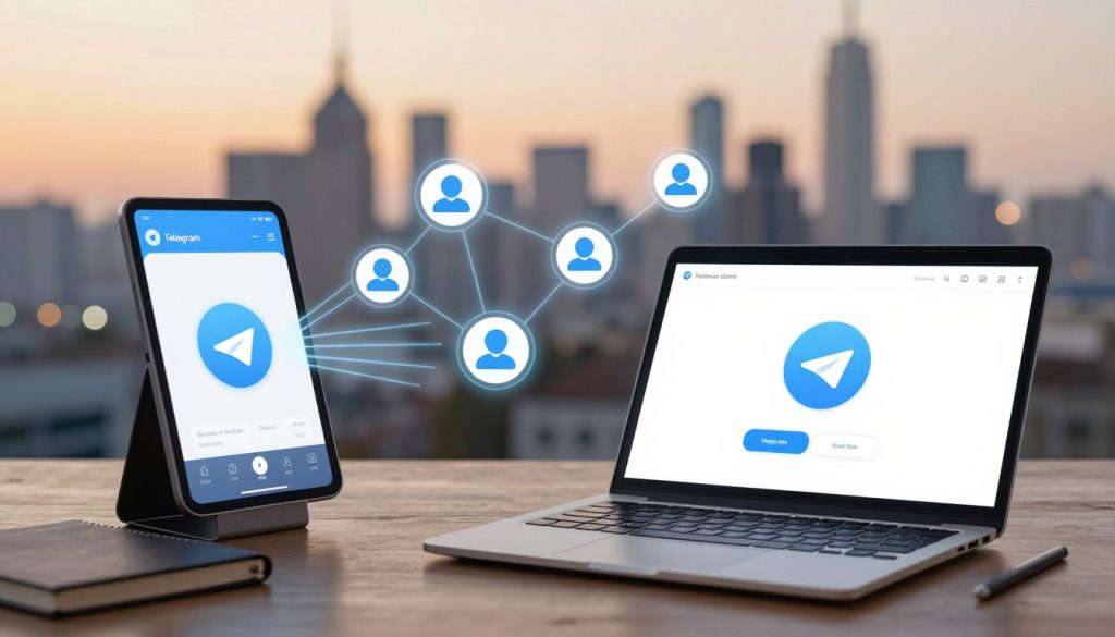 A visually engaging illustration depicting the concept of Telegram group member limitations. In the foreground, a digital device displaying a Telegram interface with a group chat icon and a visible member count, set against an inviting desk setup with a sleek laptop and notepad. In the middle, illustrate a series of interconnected circular nodes symbolizing users connecting and collaborating, with light trails between them to represent seamless communication. In the background, a soft-focus city skyline, suggesting connectivity and modernity, illuminated by twilight. The lighting is warm and inviting, creating a professional yet dynamic atmosphere, capturing the innovative strategies discussed in overcoming group size limitations in Telegram. No text or overlays present.
