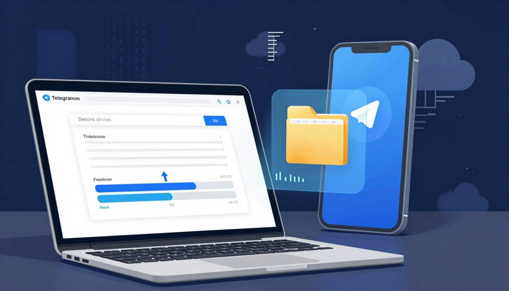 A visually engaging illustration depicting the concept of breaking file size limits when transferring large files using Telegram. In the foreground, feature a modern laptop displaying the Telegram interface with a progress bar indicating uploading a large file. Include visual elements like a measuring scale or loading symbols to emphasize size limitations. In the middle ground, show a smartphone with a clear representation of file compression, such as a compressed folder icon or visual compression effects. The background should include abstract digital elements like binary code or cloud storage icons to signify technology and data transfer. Utilize soft, ambient lighting to create a serene and focused atmosphere, capturing the essence of efficient digital communication. A visually engaging illustration depicting the concept of breaking file size limits when transferring large files using Telegram. In the foreground, feature a modern laptop displaying the Telegram interface with a progress bar indicating uploading a large file. Include visual elements like a measuring scale or loading symbols to emphasize size limitations. In the middle ground, show a smartphone with a clear representation of file compression, such as a compressed folder icon or visual compression effects. The background should include abstract digital elements like binary code or cloud storage icons to signify technology and data transfer. Utilize soft, ambient lighting to create a serene and focused atmosphere, capturing the essence of efficient digital communication.