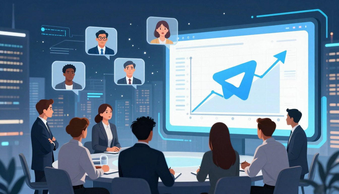 A visually rich illustration depicting a digital landscape representing a Telegram group. In the foreground, show a diverse group of professionals in business attire engaged in discussion around a large virtual screen displaying a graph with a number limit symbol over it, symbolizing group size restrictions. In the middle ground, include avatars of users in a chat bubble format, with some appearing enthusiastic and others concerned, illustrating the varying perceptions of group size limits. The background features a stylized digital cityscape with holographic elements, glowing interfaces, and communication networks, conveying a high-tech atmosphere. The lighting is bright and modern, with a focus on illuminating the group and the screen, while a dynamic angle adds depth to the scene, making it feel engaging and informative.