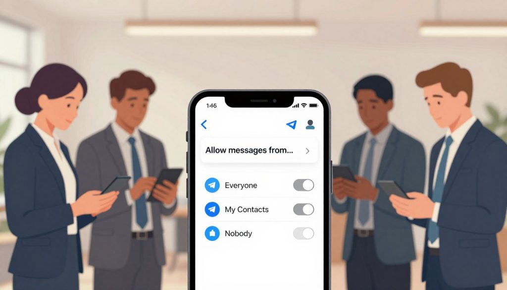 A visually striking illustration that embodies the concept of "message restrictions" on Telegram. In the foreground, a smartphone displays a minimalist Telegram interface focusing on the settings menu for restricting message senders. The screens are brightly lit, showcasing only essential options, like "Allow messages from..." with toggles for "Everyone," "My Contacts," and "Nobody." In the middle, a diverse group of individuals in professional business attire interacts with their devices, symbolizing the users of Telegram. The background consists of a blurred office setting with soft, warm lighting, conveying a sense of safety and control. The overall atmosphere should feel secure and focused, emphasizing the theme of proactive measures against unwanted messages. A visually striking illustration that embodies the concept of "message restrictions" on Telegram. In the foreground, a smartphone displays a minimalist Telegram interface focusing on the settings menu for restricting message senders. The screens are brightly lit, showcasing only essential options, like "Allow messages from..." with toggles for "Everyone," "My Contacts," and "Nobody." In the middle, a diverse group of individuals in professional business attire interacts with their devices, symbolizing the users of Telegram. The background consists of a blurred office setting with soft, warm lighting, conveying a sense of safety and control. The overall atmosphere should feel secure and focused, emphasizing the theme of proactive measures against unwanted messages.