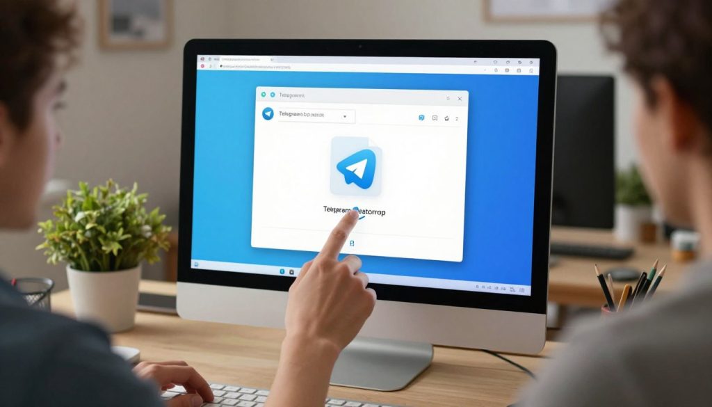A well-lit, modern workspace featuring a high-resolution computer screen displaying the Telegram desktop application, demonstrating the file transfer method. In the foreground, a user is dragging a file icon from their desktop into the Telegram chat window, showcasing an intuitive drag-and-drop action. The middle ground captures the Telegram interface with clear visibility of the chat window, highlighting the file upload feature. The background includes a stylish, organized desk with a potted plant and office supplies, creating a professional atmosphere. The scene is illuminated with soft, warm lighting that enhances the focus on the computer screen, suggesting a productive and user-friendly environment for file sharing. The overall mood is efficient and collaborative. A well-lit, modern workspace featuring a high-resolution computer screen displaying the Telegram desktop application, demonstrating the file transfer method. In the foreground, a user is dragging a file icon from their desktop into the Telegram chat window, showcasing an intuitive drag-and-drop action. The middle ground captures the Telegram interface with clear visibility of the chat window, highlighting the file upload feature. The background includes a stylish, organized desk with a potted plant and office supplies, creating a professional atmosphere. The scene is illuminated with soft, warm lighting that enhances the focus on the computer screen, suggesting a productive and user-friendly environment for file sharing. The overall mood is efficient and collaborative.