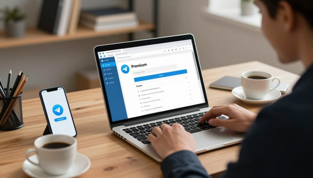 A well-organized desk setup featuring a laptop displaying the Telegram interface, specifically showcasing settings for upgrading to a premium membership. In the foreground, a professional individual, dressed in smart business attire, is thoughtfully reviewing the screen, with a slight smile, indicating satisfaction with the options available. The middle ground includes various tech accessories, such as a smartphone displaying the Telegram app, stationery, and a cup of coffee, enhancing the working atmosphere. The background features soft-focused shelves with books on technology and communication, evoking a sense of learning and troubleshooting. The lighting is warm and inviting, casting gentle shadows, while the overall mood is one of curiosity and professionalism, suitable for a tech-focused article on membership and support. A well-organized desk setup featuring a laptop displaying the Telegram interface, specifically showcasing settings for upgrading to a premium membership. In the foreground, a professional individual, dressed in smart business attire, is thoughtfully reviewing the screen, with a slight smile, indicating satisfaction with the options available. The middle ground includes various tech accessories, such as a smartphone displaying the Telegram app, stationery, and a cup of coffee, enhancing the working atmosphere. The background features soft-focused shelves with books on technology and communication, evoking a sense of learning and troubleshooting. The lighting is warm and inviting, casting gentle shadows, while the overall mood is one of curiosity and professionalism, suitable for a tech-focused article on membership and support.